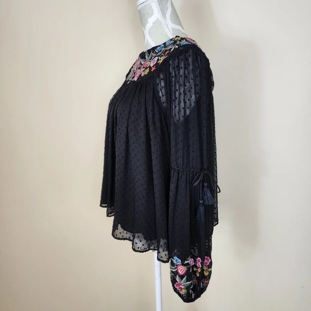 ZARA Trafaluc Black Embroidered Floral Long Sleeve Tassel Chiffon Top Boho XS - Picture 4 of 12